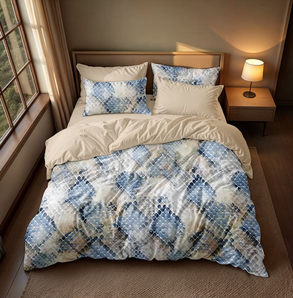 پارچه روتختی میکرو طرح پازلی آبی و کرم