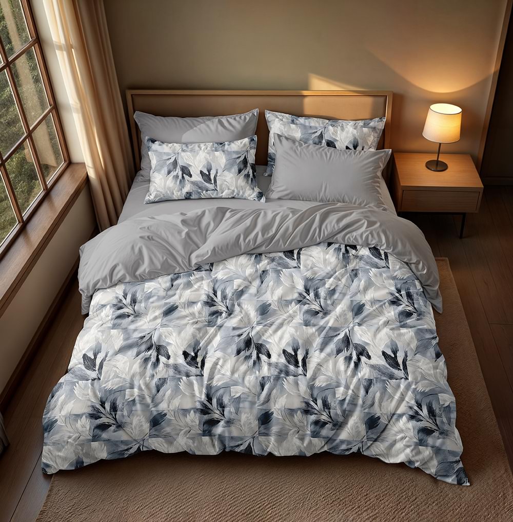 پارچه میکرو طرح برگ‌های آبرنگی مشکی و طوسی