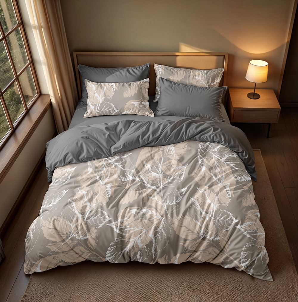 پارچه میکرو طرح برگ‌های بژ و طوسی