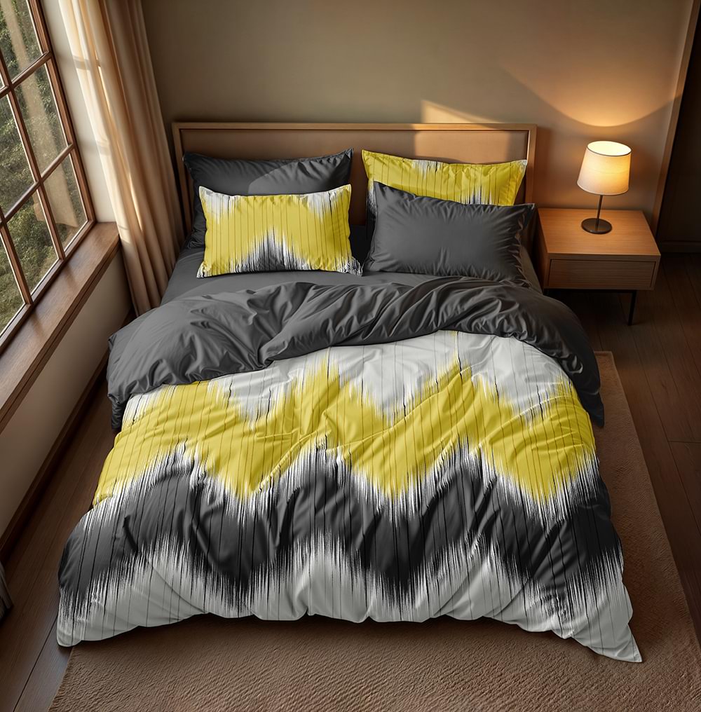 پارچه میکرو طرح زیگزاگ زرد و خاکستری