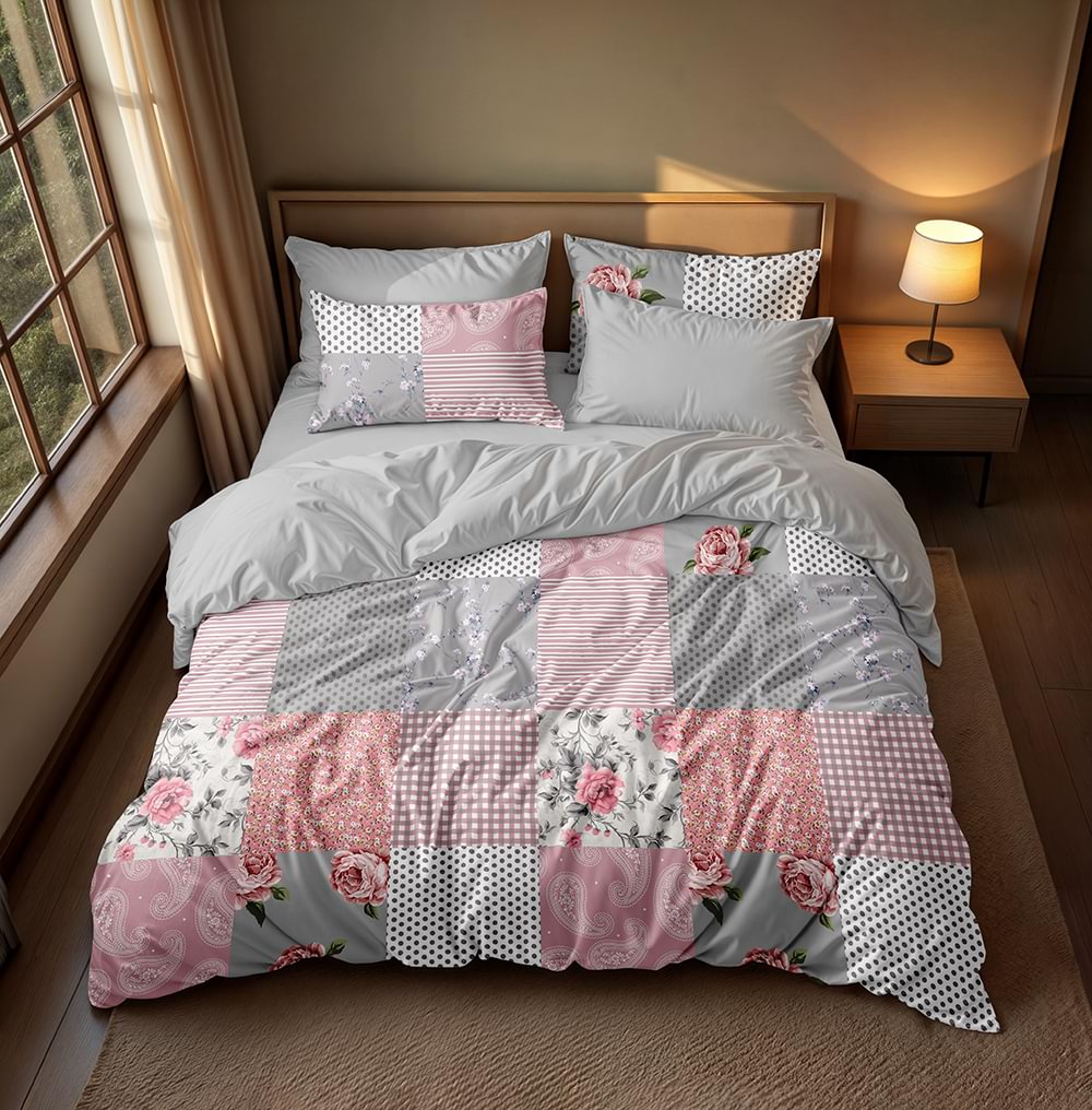 پارچه میکرو طرح چهل تکه صورتی و طوسی